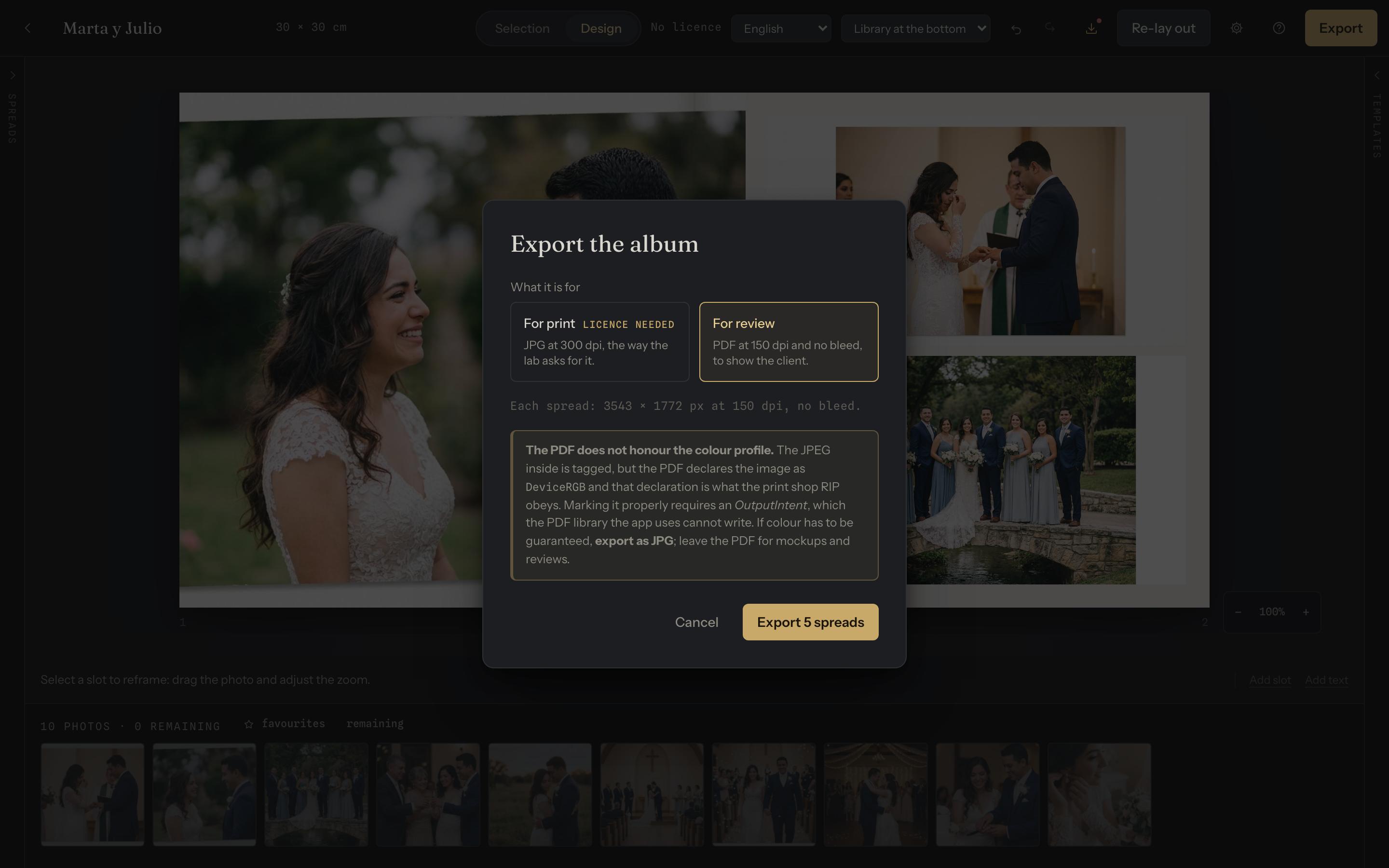 The export dialog, with the print and review destinations
